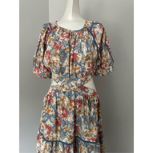 NWT En Saison Floral Cutout Puff Sleeve Soleil Midi Dress Multicolor Medium $145 - Picture 5 of 11